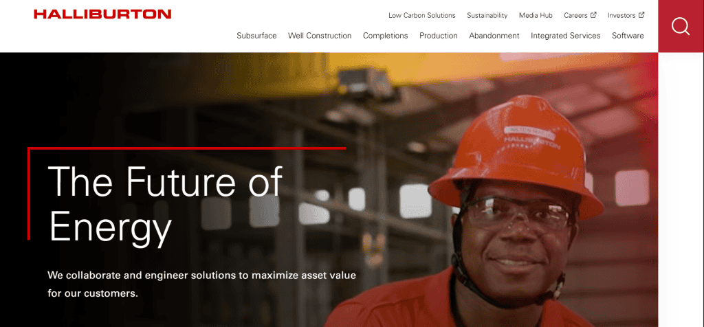 A person in a red Halliburton hard hat and safety glasses stands in an industrial setting. The text reads, "The Future of Energy. Explore top website navigation that helps you find how we engineer solutions to maximize asset value for our customers. - Clio Websites | Top Canadian Web Design Company