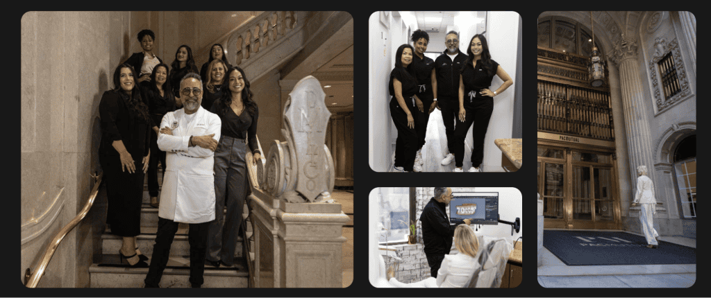 A vibrant collage showcases a chef with a group on a staircase, four women posing in an elegantly designed hall, a chiropractor diligently treating a patient, and someone entering a grand building with architecture that rivals the best dental websites for its intricate design guidance. - Clio Websites | Top Canadian Web Design Company