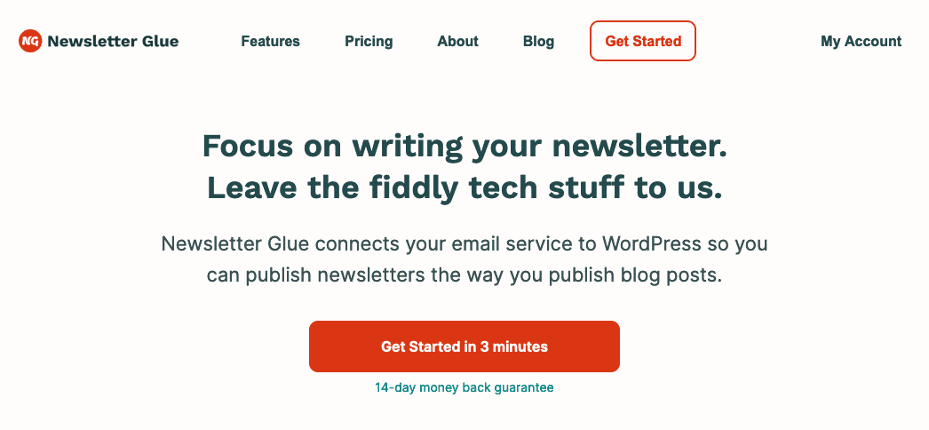 A screenshot of Newsletter Glue's homepage showcases a headline on newsletter writing with insights on eliminating technical SEO debt. It features a brief description, a vibrant red "Get Started" button, navigation links, and highlights the "14-day money-back guarantee. - 极速168体彩赛车号码历史结果预测-一分钟查询全历史记录查询-极速汽车168官网记录